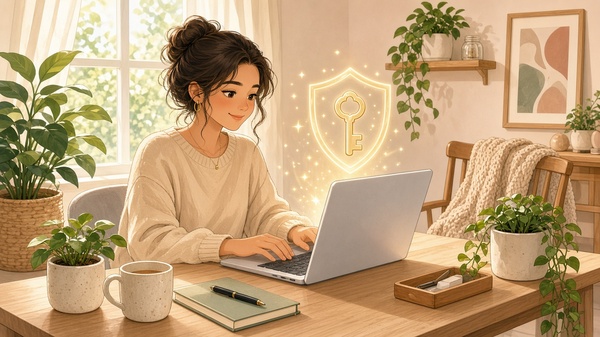 Bright friendly comic of a calm browser passkey unlock scene