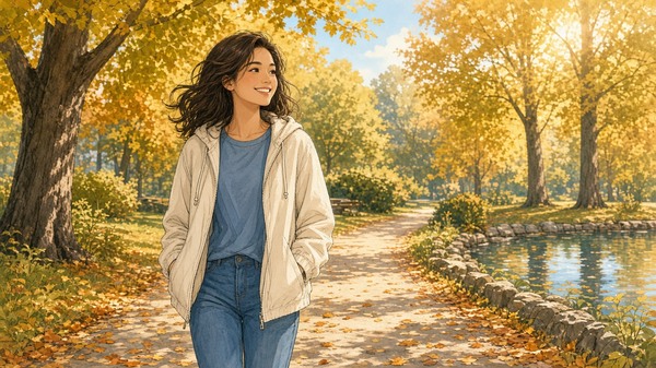Bright friendly comic of a cheerful cold-weather neighborhood walk