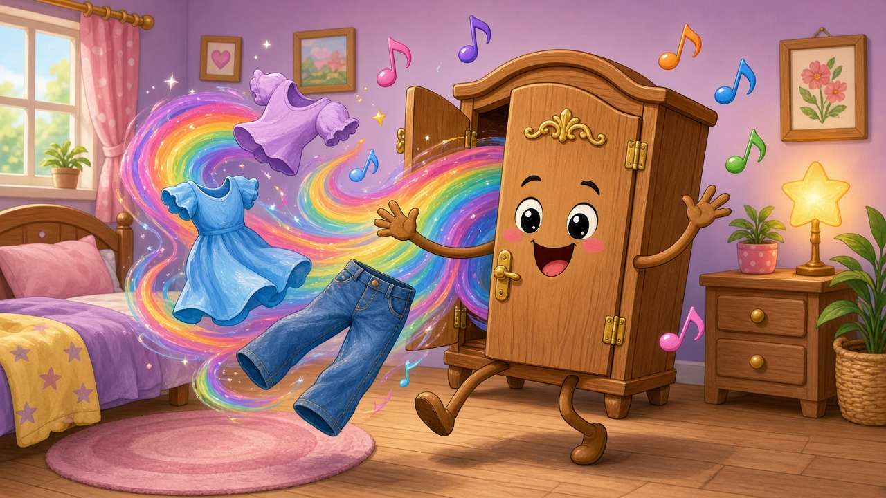 Comic of a dancing cartoon wardrobe throwing out colourful clothes