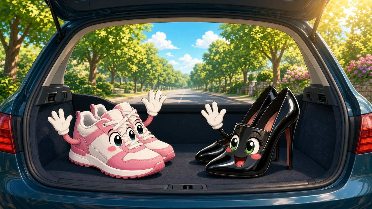 Comic of cartoon sneakers and high heels in an open car trunk