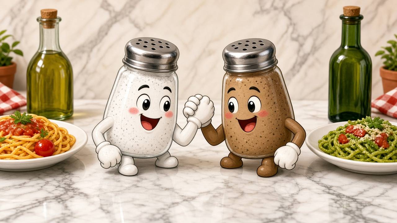 Comic of cartoon salt and pepper shakers arm wrestling at dinner