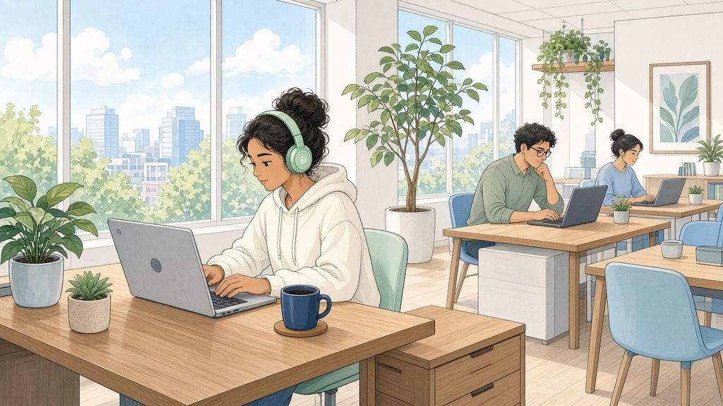 Bright comic of calm focused work with headphones in an airy plant-filled office