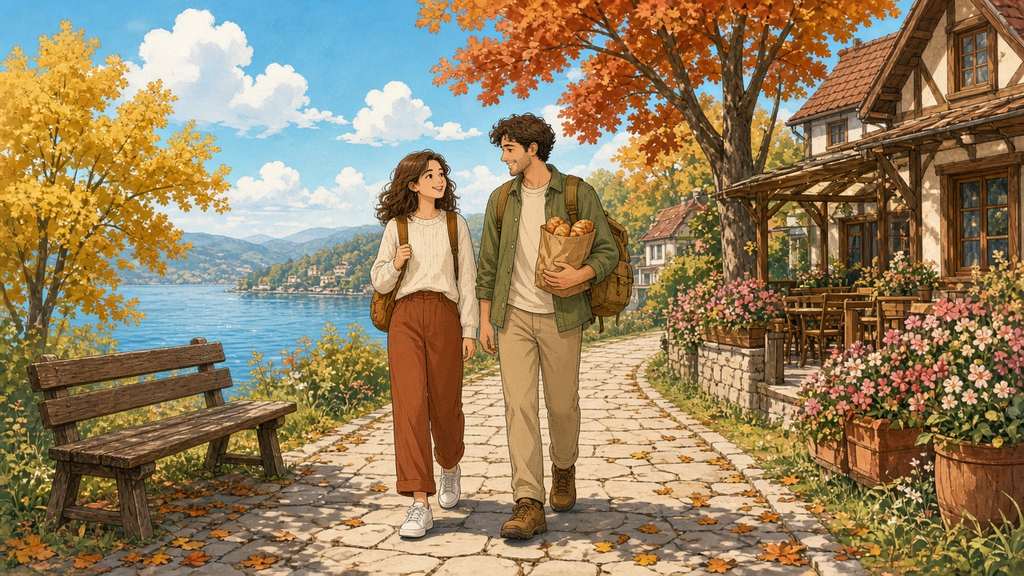 Bright comic of a relaxed couple strolling a sunny lakeside village path on an autumn weekend