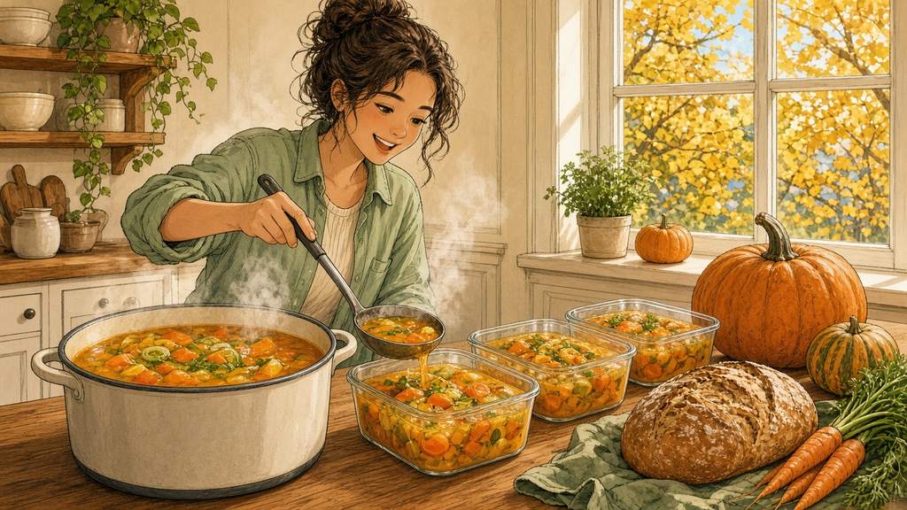 Bright comic of a smiling person ladling autumn vegetable soup into meal-prep containers in a sunny kitchen