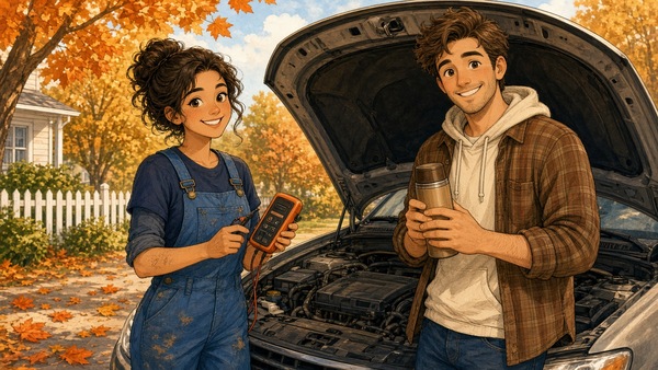 Bright comic illustration of a smiling mechanic with a battery tester and a smiling driver with a thermos beside an open car bonnet on a sunny autumn driveway