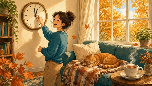Bright comic of a cheerful person turning back the hands of a wall clock in a sunny autumn living room while a cat naps on the sofa