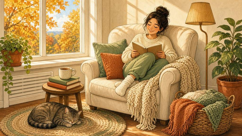 Bright comic of a cozy sunlit autumn reading corner with armchair, knit throw, tea and a sleeping cat