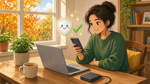 Bright comic of a relaxed person at a sunny home desk with laptop, phone and backup drive, a friendly shield symbol floating above