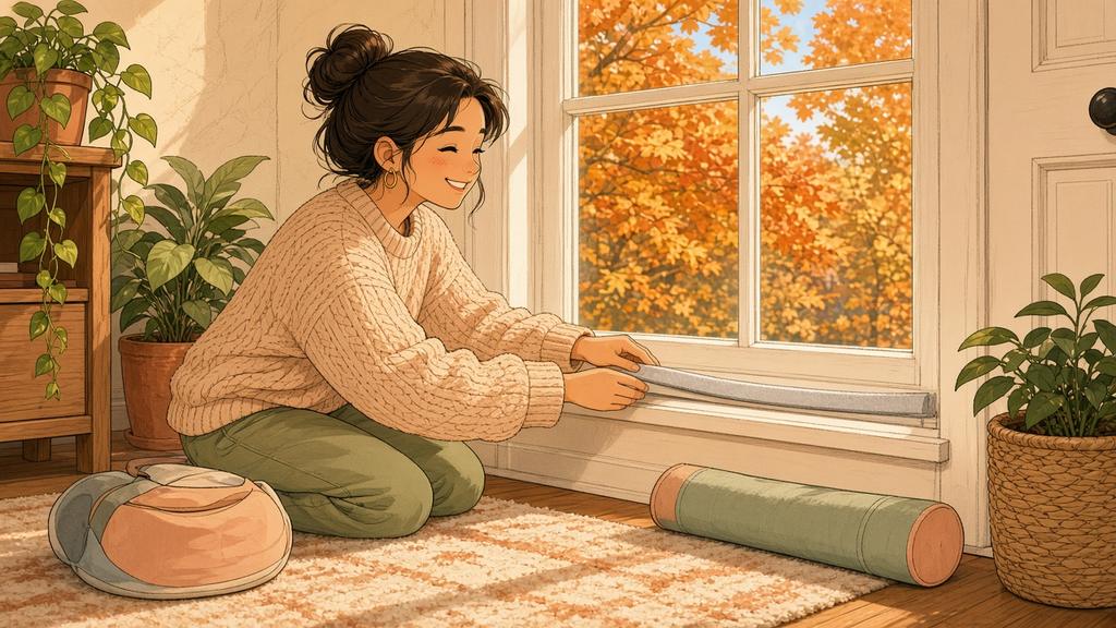Bright comic: sealing window drafts on a sunny autumn afternoon