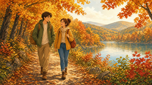 Bright comic of a smiling couple with backpacks walking a sunny forest trail among golden and red autumn leaves beside a calm lake