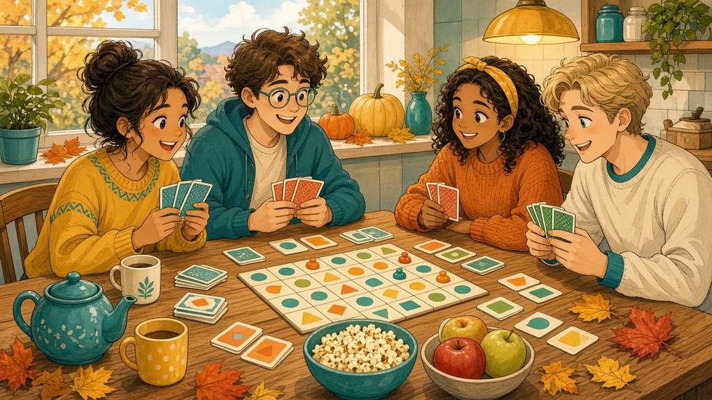Bright comic: friends enjoying a cozy autumn game night