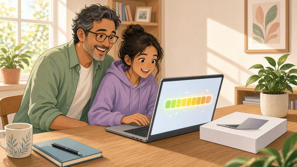 Bright comic of a smiling father and daughter watching an upgrade progress bar on a laptop at a sunny home desk