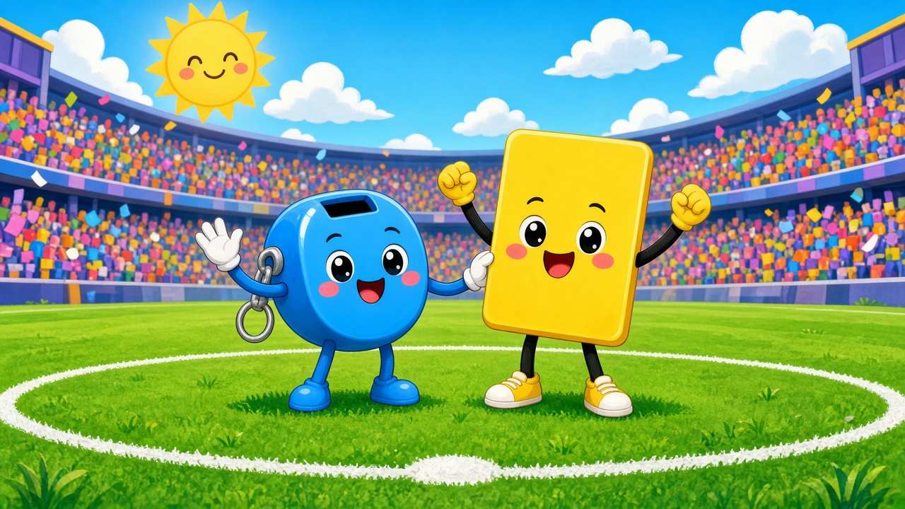 Comic of a cartoon whistle and yellow card in a stadium
