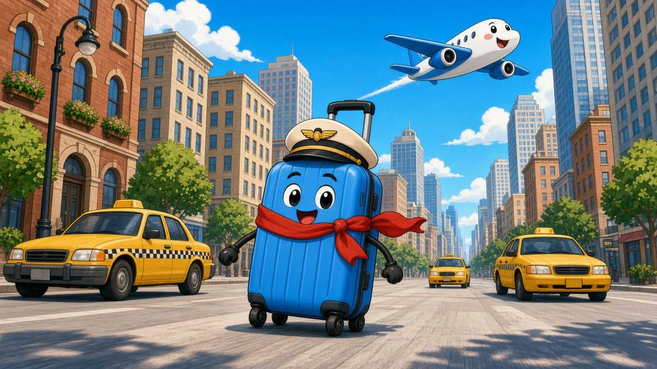 Comic of a cartoon suitcase with a pilot cap on a city street