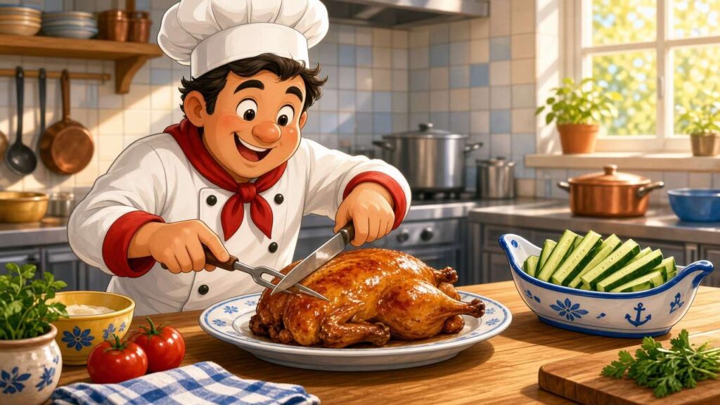 Comic of a cartoon chef carving a golden roast duck in a bright kitchen