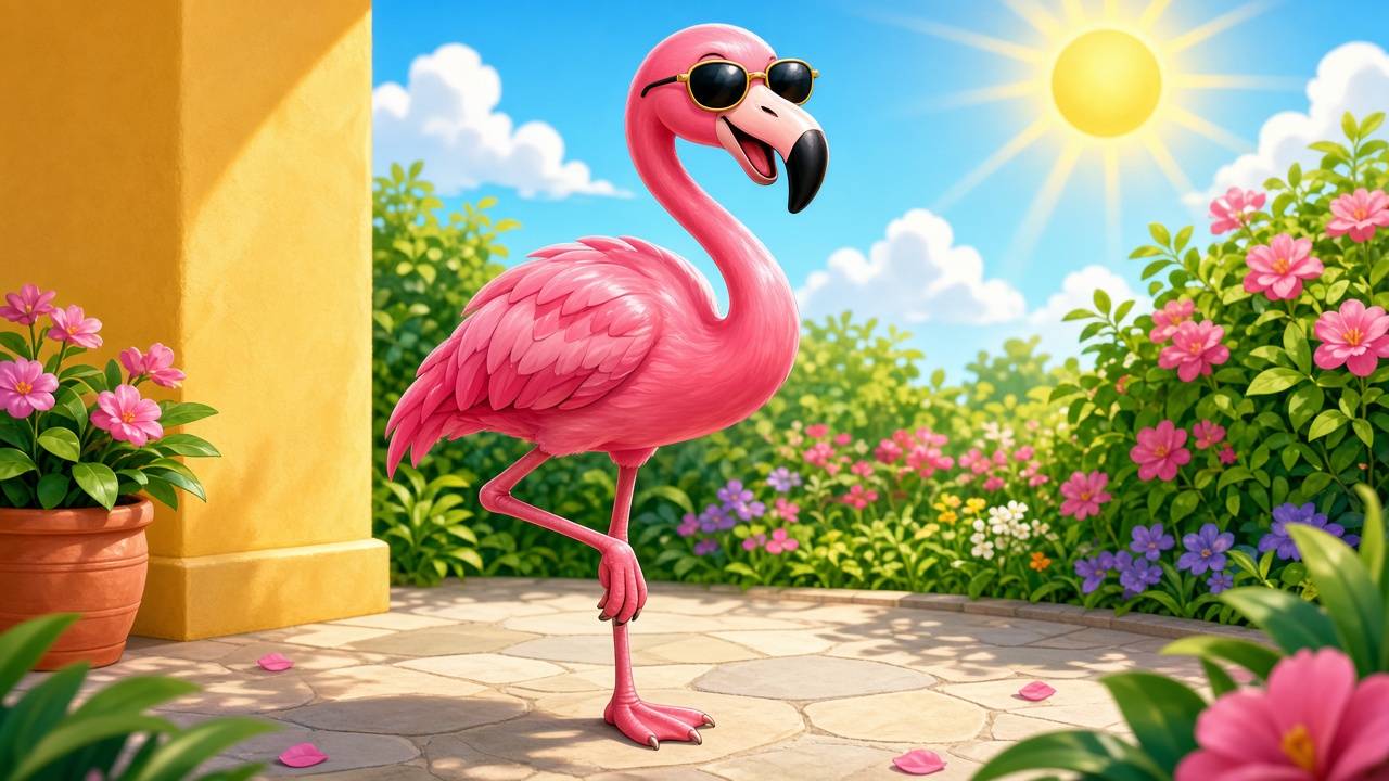 Comic of a cartoon flamingo posing on a sunny patio
