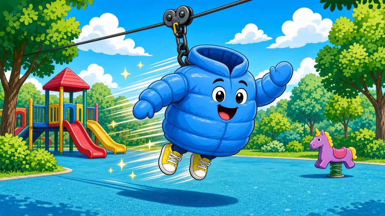 Comic of a cartoon puffer jacket riding a playground zip line